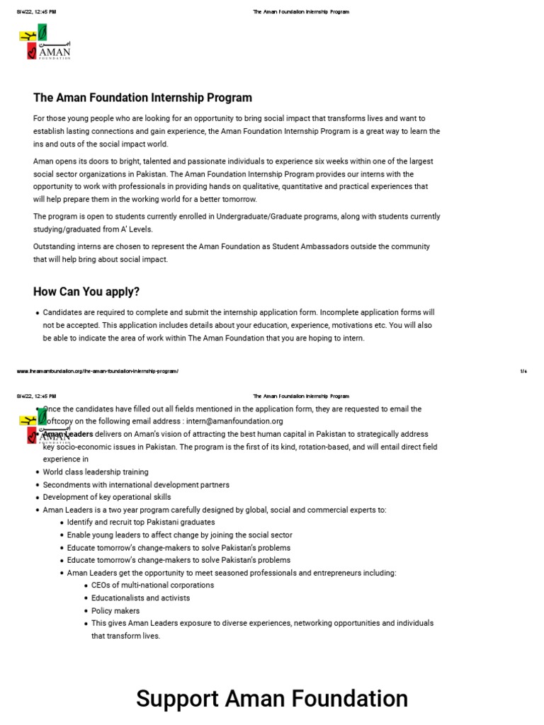 The Aman Foundation Internship Program PDF Internship Job Hunting