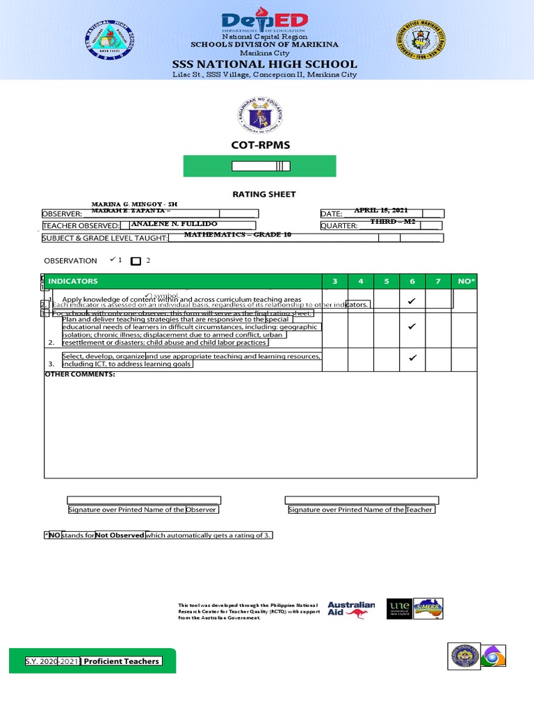 COT RPMS Rating Sheet For T I III For SY 2020 2021 in The Time of COVID ...