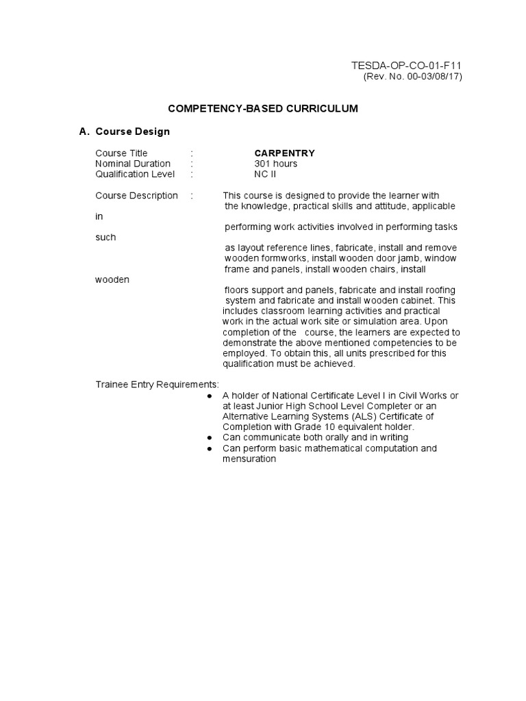 Competency-Based Curriculum A. Course Design: TESDA-OP-CO-01-F11 | PDF ...