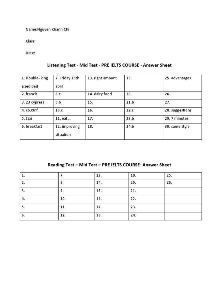 Listening Test - Mid Test - PRE IELTS COURSE - Answer Sheet | PDF