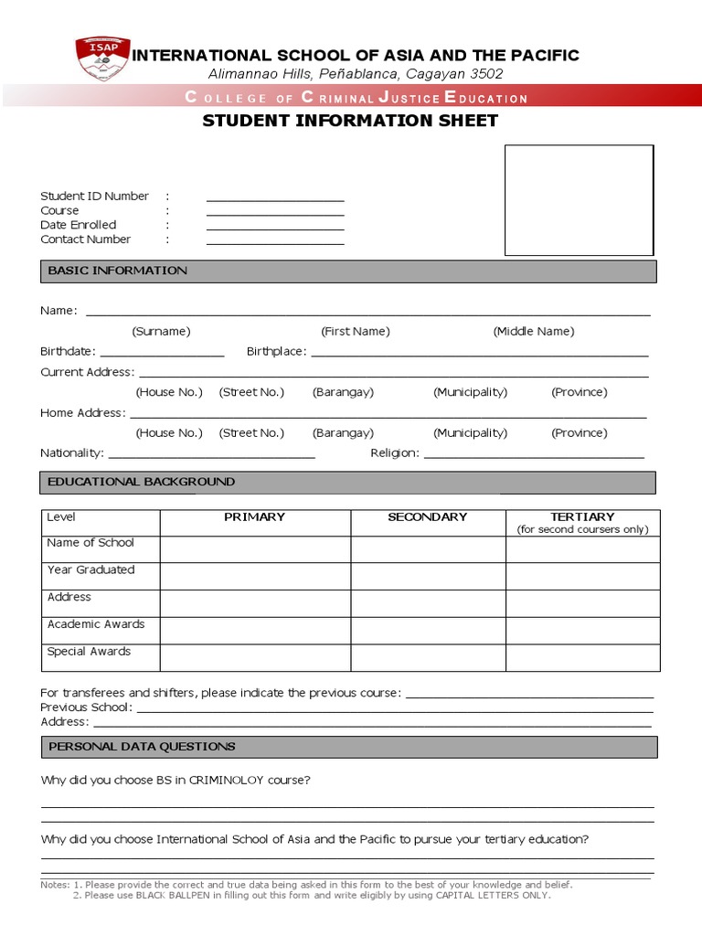 C C J E: Student Information Sheet | PDF | Knowledge