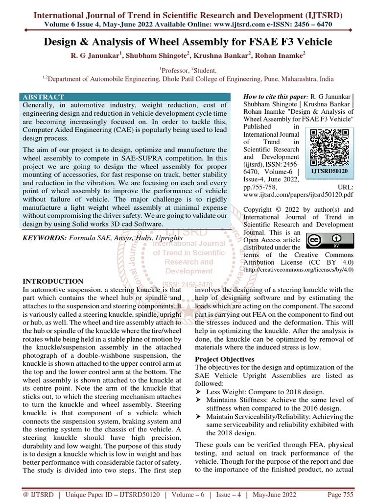 Design and Analysis of Wheel Assembly For FSAE F3 Vehicle PDF Axle
