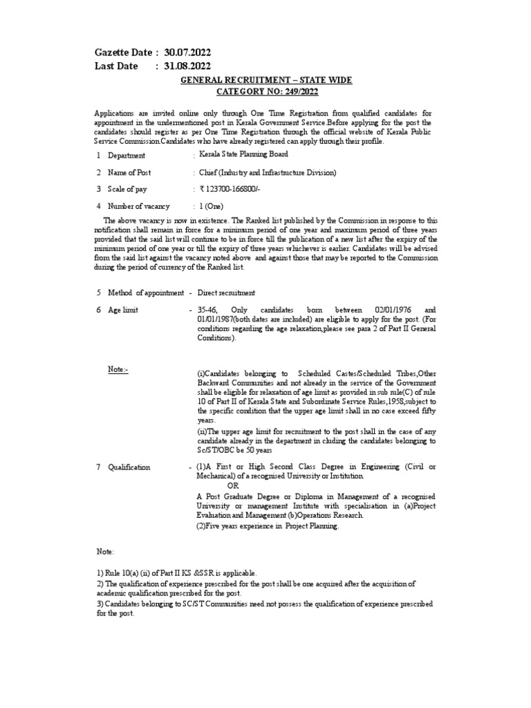 Chief (Industry and Infrastructure Division) Vacancy Announcement