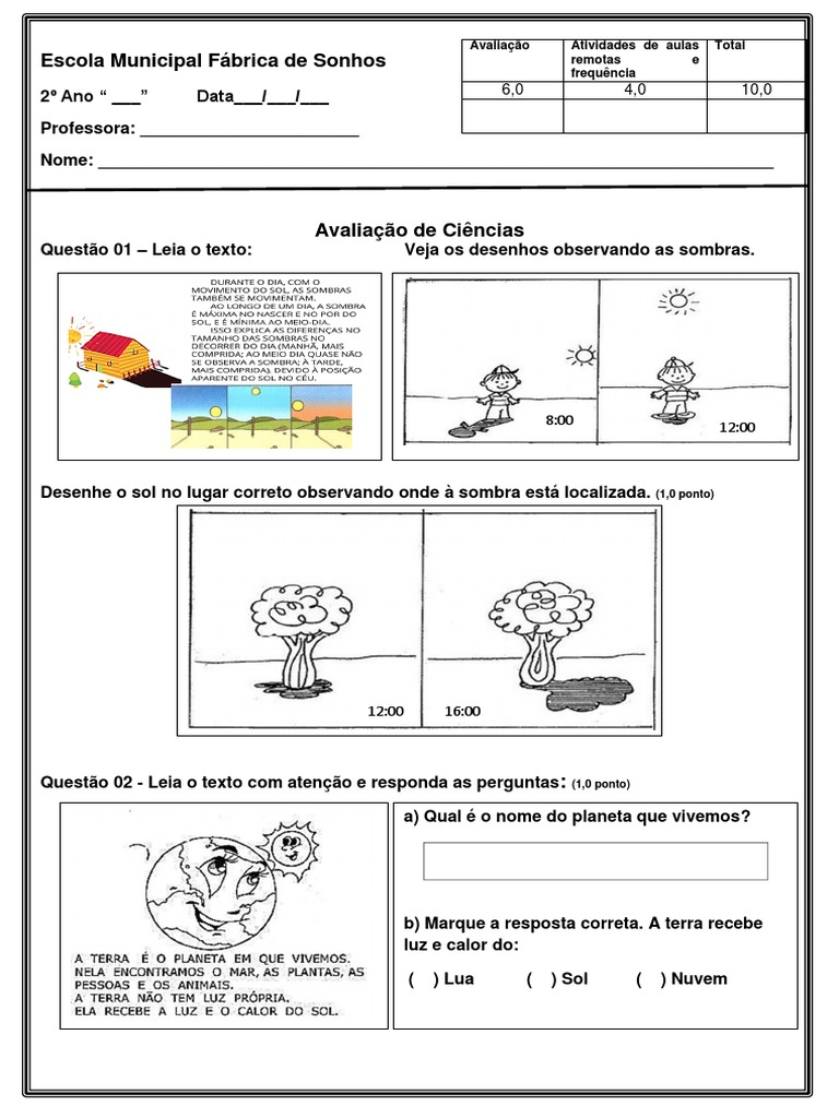 Avaliação de Ciências - 2 Bimestre | PDF | Sol | Espaço sideral