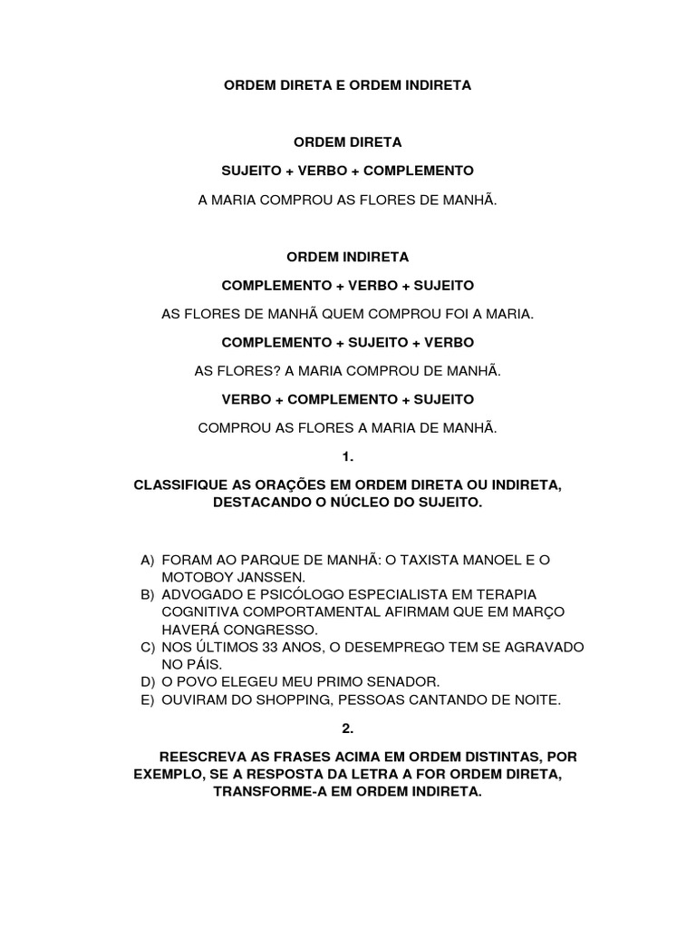Ordem Direta e Ordem Indireta | PDF | Assunto (gramática) | Predicado ...