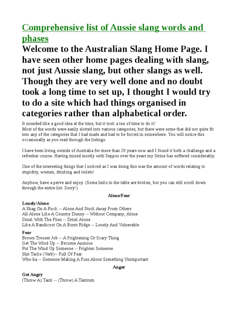 Aussie Slang Words and Phases | PDF | Language Arts & Discipline | Home ...