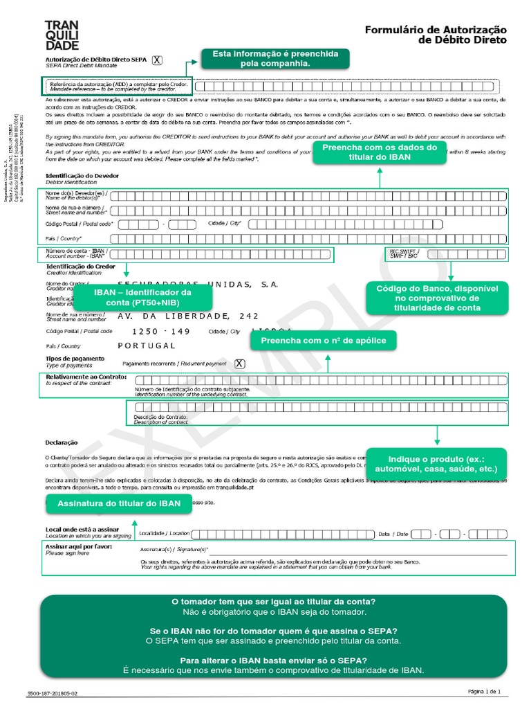 Instruções para preenchimento de formulário de débito direto SEPA ...