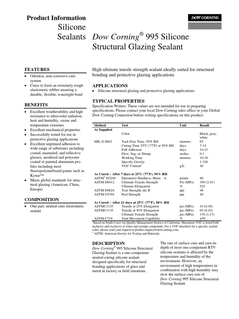Dow Corning 995 Silicone Glazing Sealant PDF