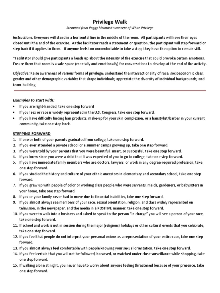 Privilege Walk Exercise PDF
