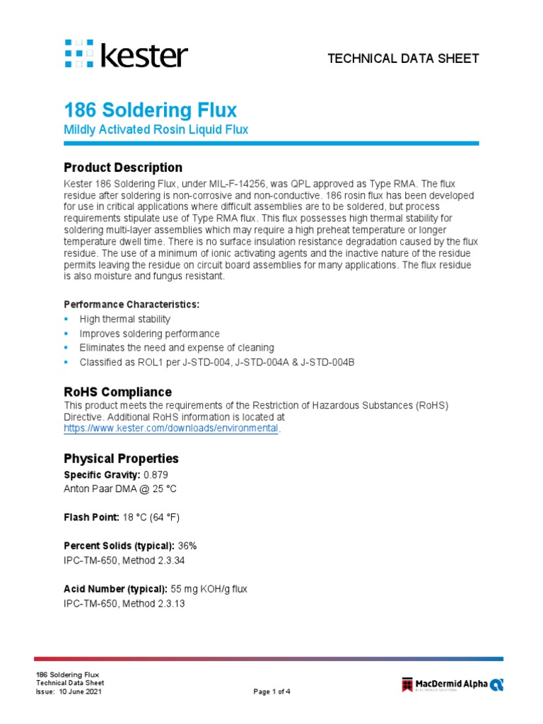 186 Soldering Flux Mildly Activated Rosin Liquid Flux PDF Printed