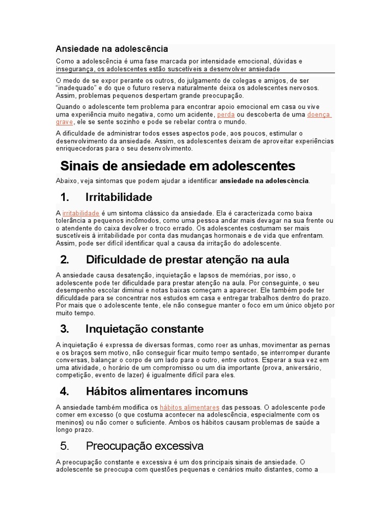 Sintomas de Ansiedade na Adolescência | PDF | Ansiedade | Adolescência