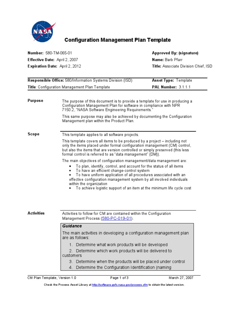 NASA Configuration Management Plan Template | PDF