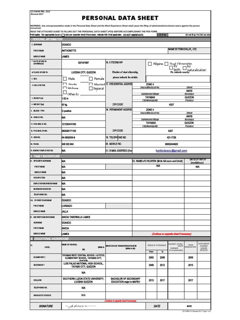 Personal Data Sheet Filipino Dual Citizenship by Birth by