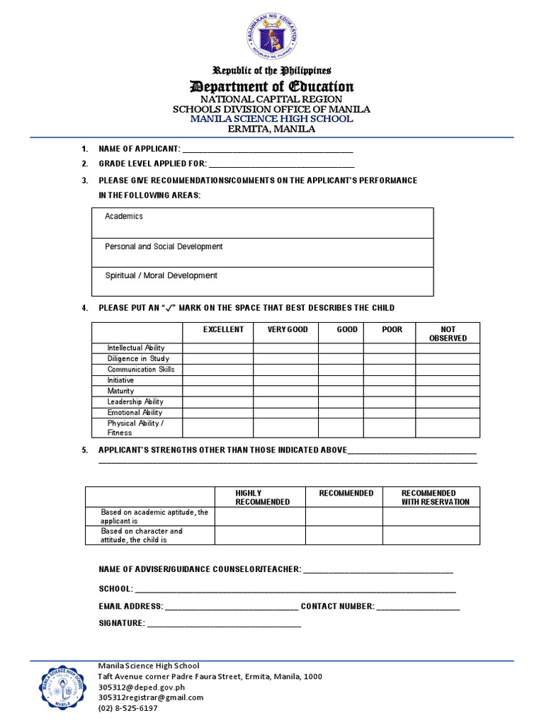 Manila Science High School Application Form | PDF
