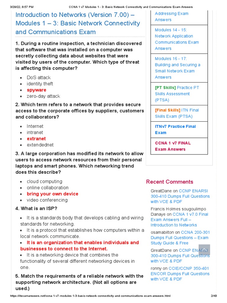 CCNA 1 v7 Modules 1 - 3 - Basic Network Connectivity and Communications ...