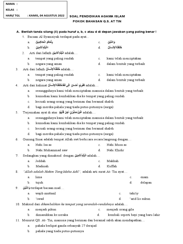 Soal pilihan ganda surah at tin pdf