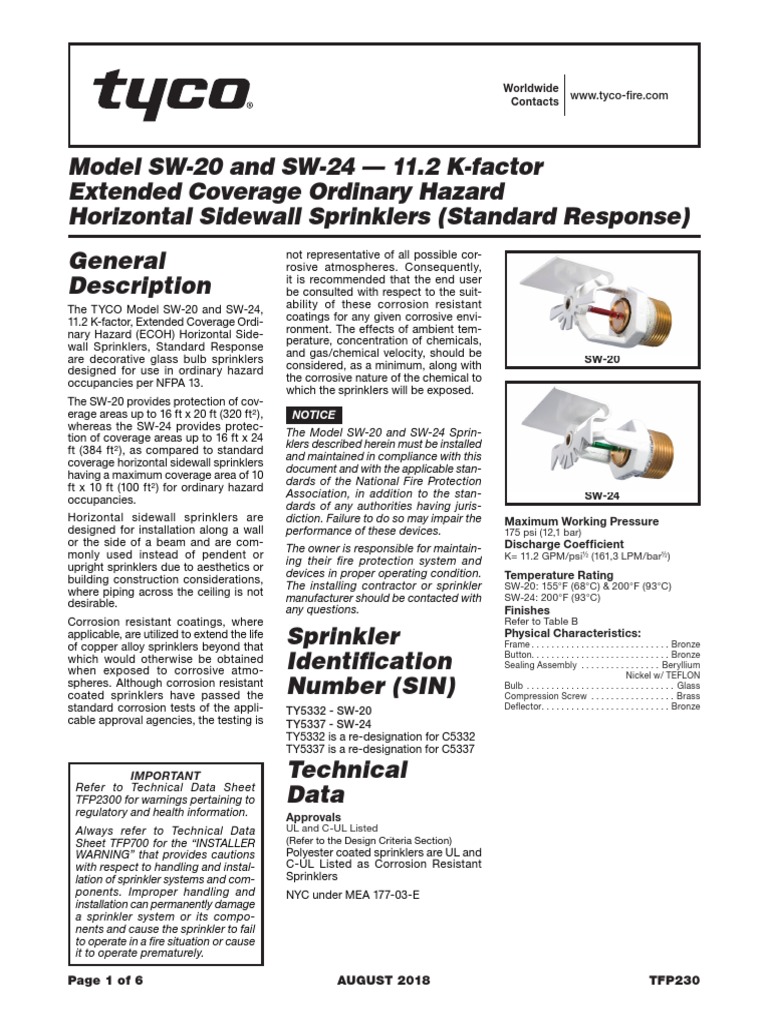 Model SW20 and SW24 11.2 KFactor Extended Coverage Ordinary Hazard