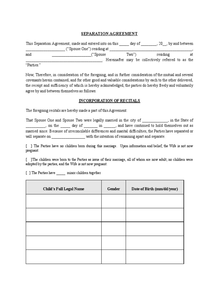 Separation Agreement Template PDF | PDF | Alimony | Divorce