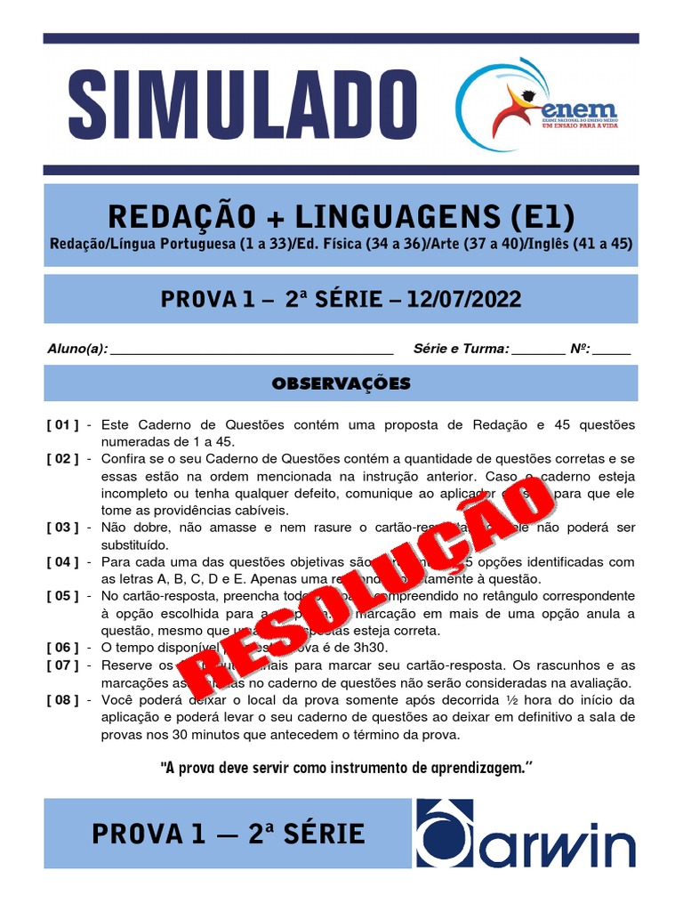 Gabarito p1 Simulado Enem Linguagens 2 Serie 2022 | PDF | Assunto ...