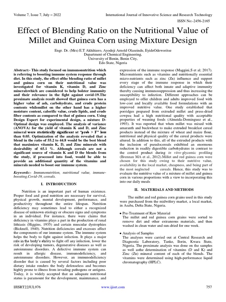 Effect of Blending Ratio On The Nutritional Value of Millet and Guinea