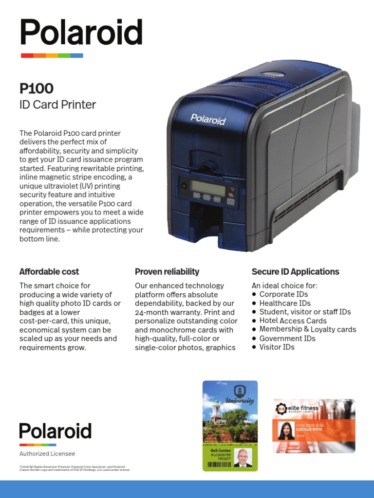 2020-Polaroid-P100-DataSheet | PDF | Printer (Computing) | Office Equipment
