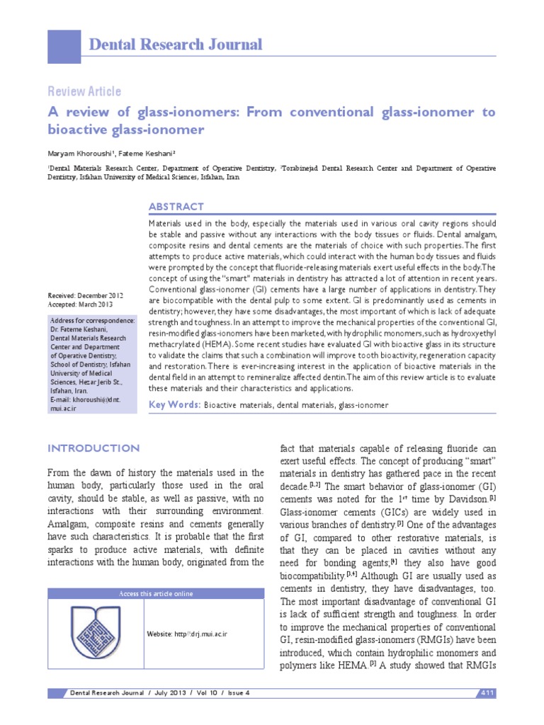 Dental Research Journal A Review of GlassIonomers From Conventional