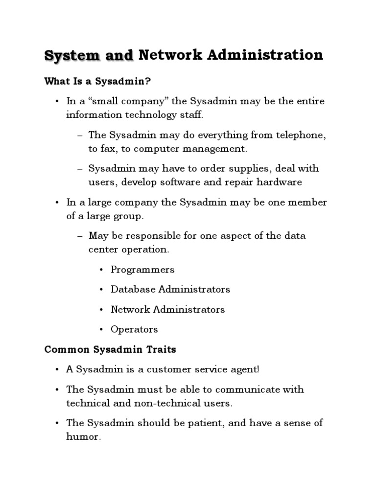 Network Administration System And What Is A Sysadmin? PDF Active