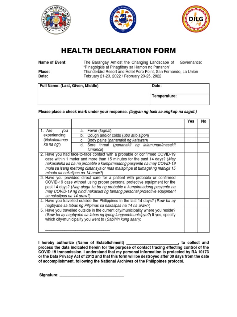 Health Declaration Form ABC | PDF | Public Health | Health Sciences