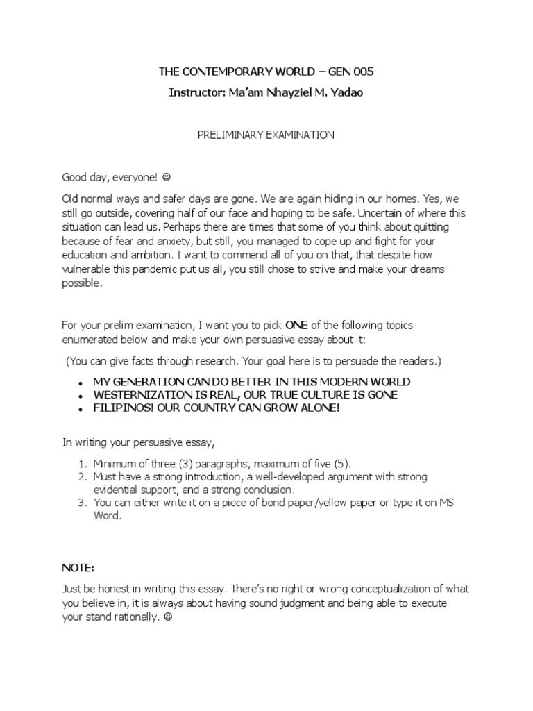 Prelim Exam Topics for Gen 005 Students | PDF | Essays