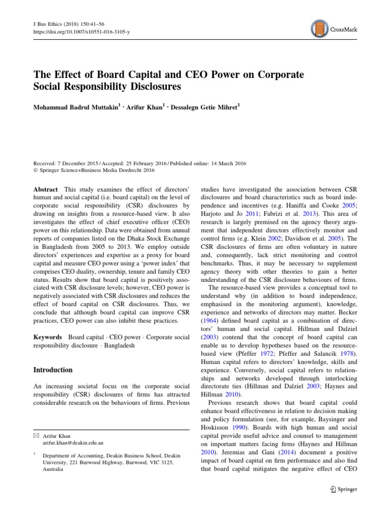 Board Capital, CEO Power & CSR | PDF | Corporate Social Responsibility ...