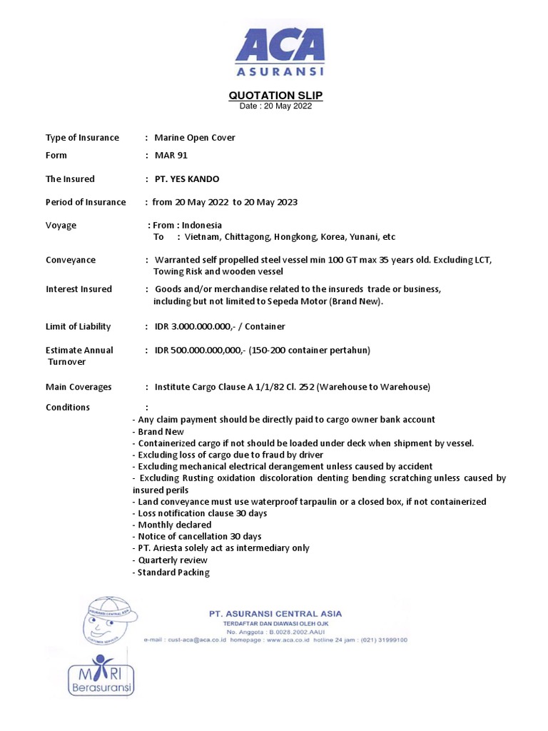 Quotation SLip MOP PT ARIESTA Rev PDF Insurance Cargo