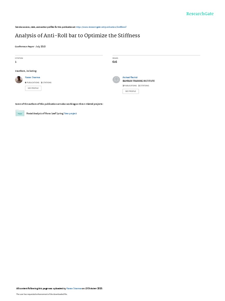 Analysis of AntiRoll Bar To Optimize The Stiffness by Karan K. Sharma, Arshad Rashidm and
