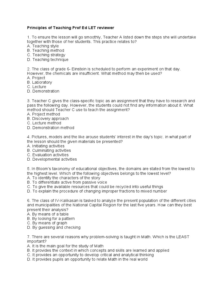 Principles of Teaching Prof Ed LET Review | PDF | Lesson Plan | Teachers