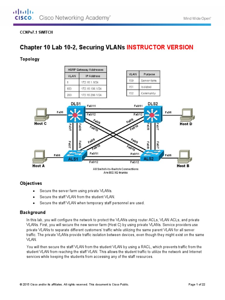 CCNPv7.1 - SWITCH - Lab 10-2 - Securing VLANs - INSTRUCTOR | PDF | Ip ...
