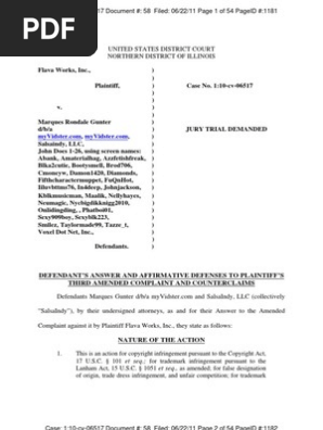 Flava Works vs. Myvidster.com, Marques Gunter, Salsa Indy, John Does 1-26, Voxel.net  DEFENDANT’S ANSWER AND AFFIRMATIVE DEFENSES TO PLAINTIFF’S THIRD AMENDED COMPLAINT AND COUNTERCLAIMS