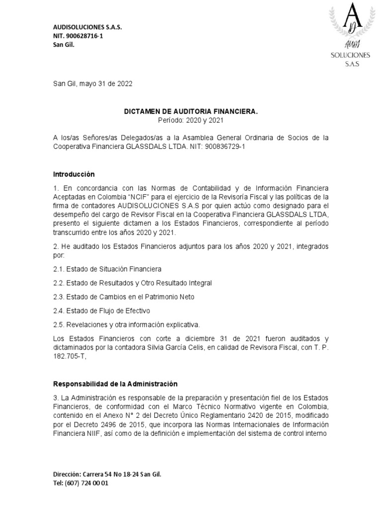 Dictamen de Auditoria | PDF | Auditoría | Estado financiero