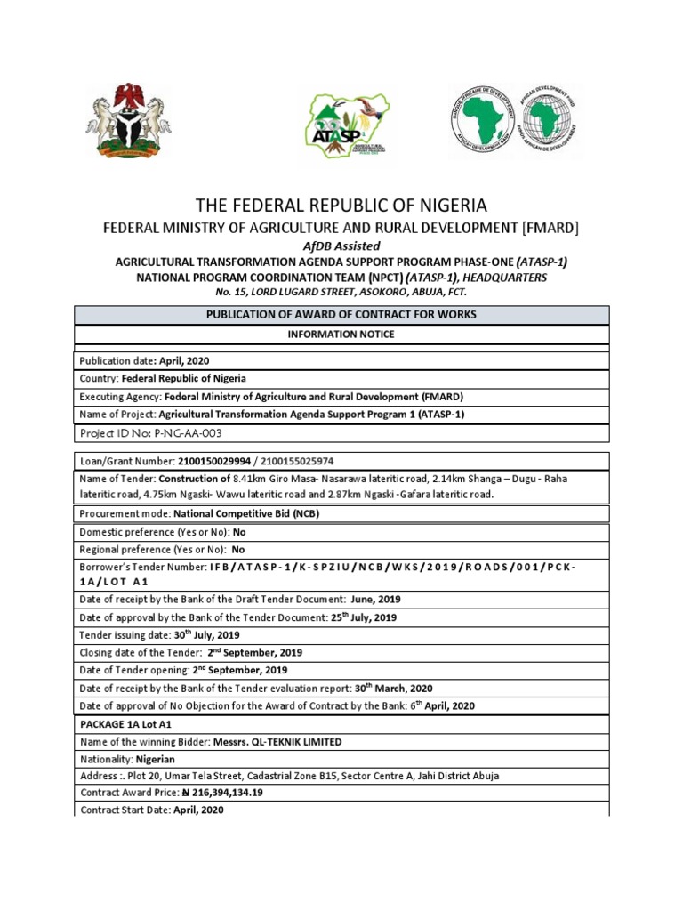 QL-Teknik Wins ATASP-1 Road Contract | PDF | African Development Bank ...