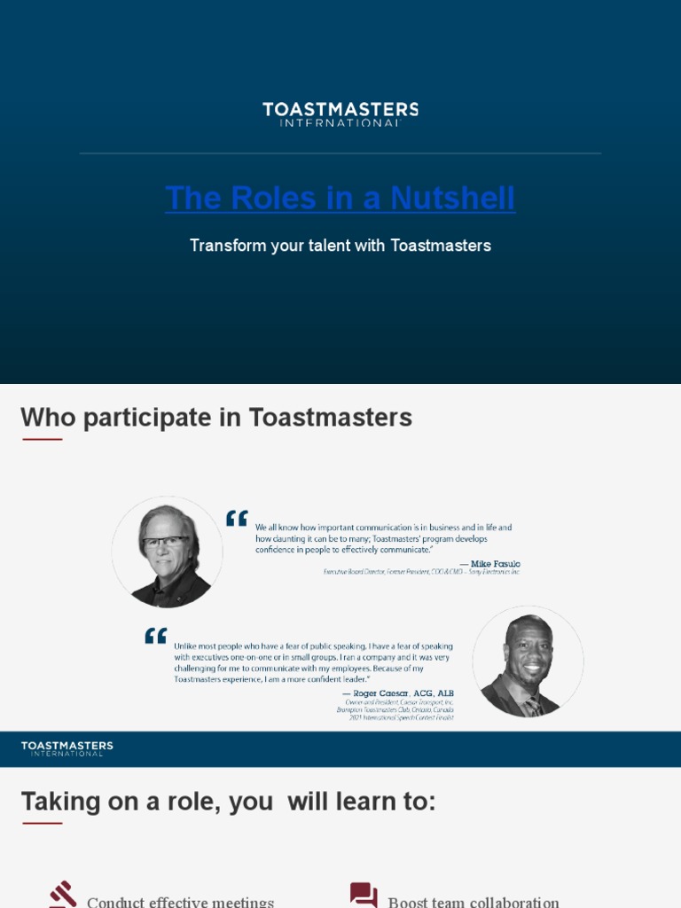 The Roles in A Nutshell: Transform Your Talent With Toastmasters | PDF ...