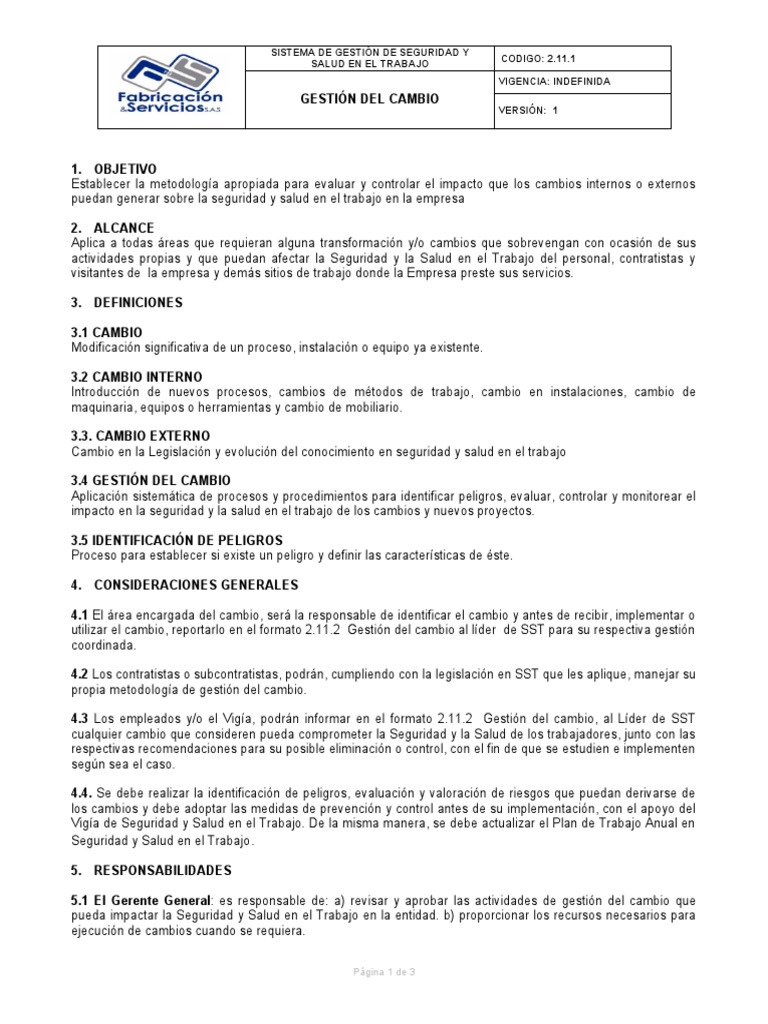Gestión del Cambio en SST: Proceso y Responsabilidades | PDF | Business