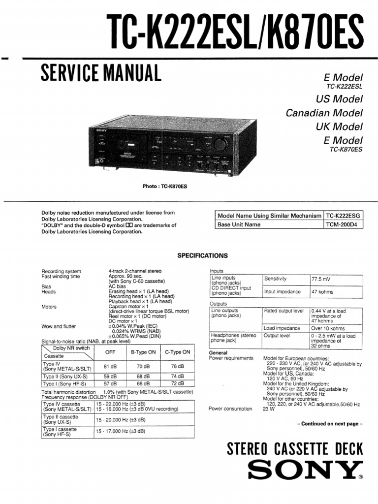 Sony TC K870 Service Manual | PDF