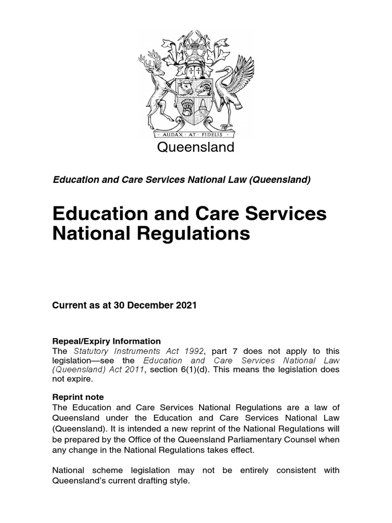 Natoinal Regulations Queensland PDF Preschool Child Care