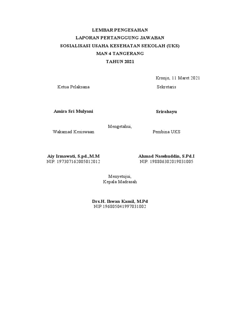 Lembar Pengesahan LPJ UKS | PDF