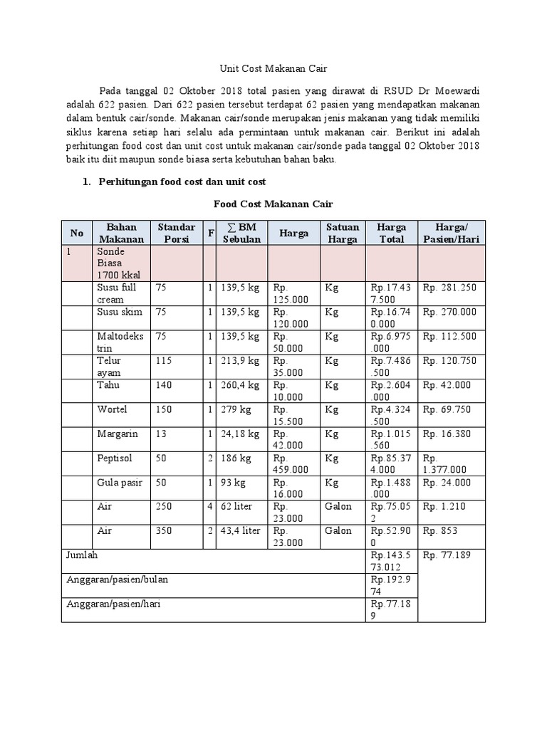 Perhitungan Unit Cost Makanan Cair | PDF