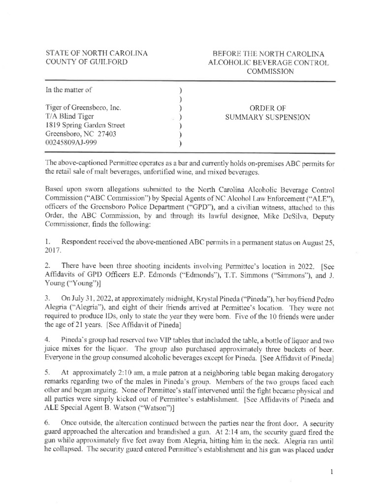 Order of Summary Suspension and Affidavits Blind Tiger PDF