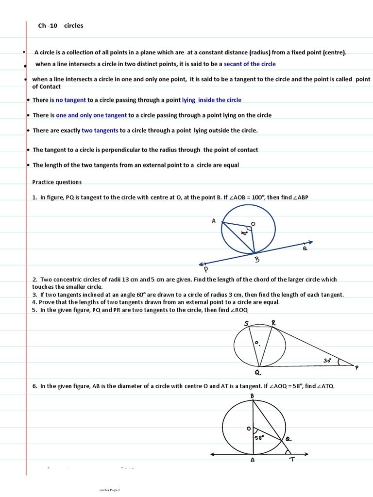 Properties and Theorems of Circles Characteristics of Tangents