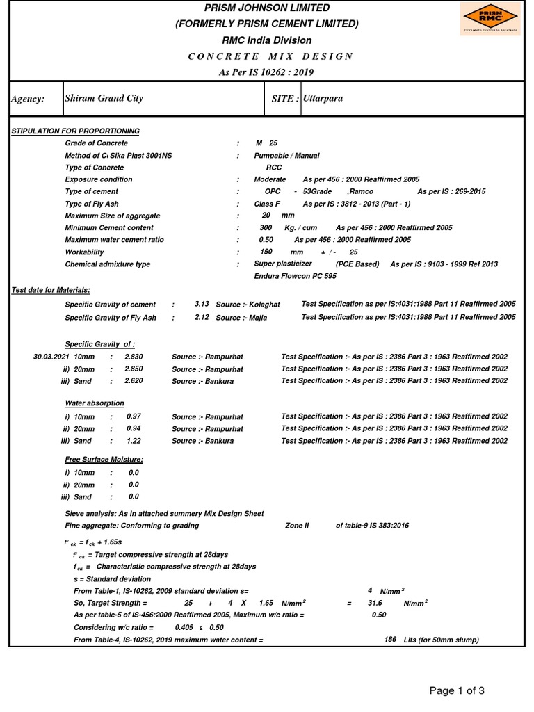 M25 Mix Design & Trial Sheet PDF Concrete Cement