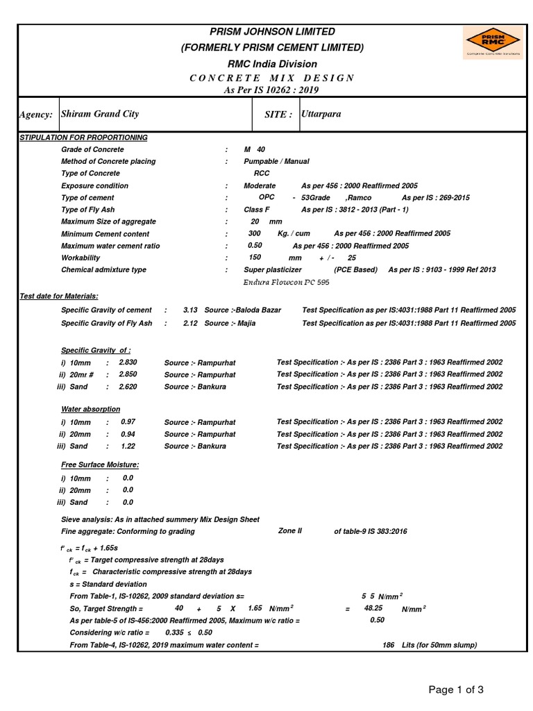 M40 Mix Design & Trial Sheet PDF Concrete Cement
