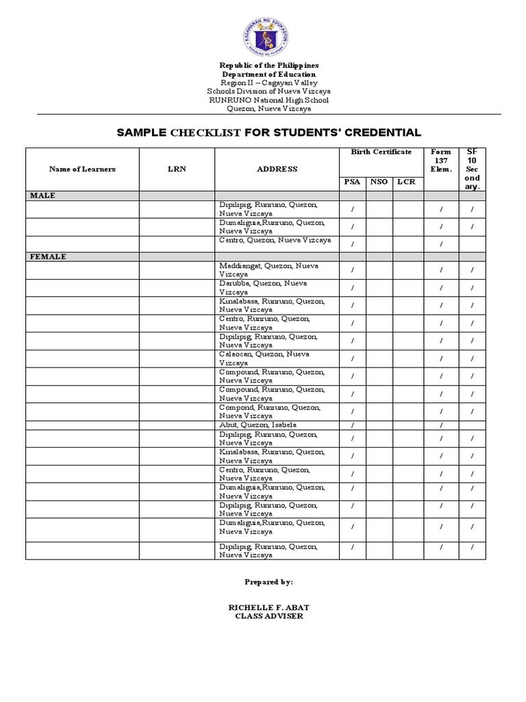Sample Checklist for Students' Credentials at RUNRUNO National High ...