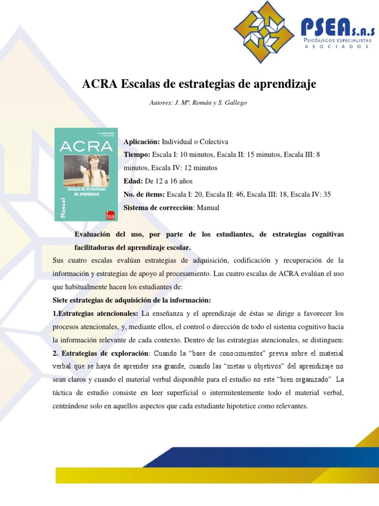 Estrategias de Aprendizaje ACRA para Jóvenes | PDF | Aprendizaje ...