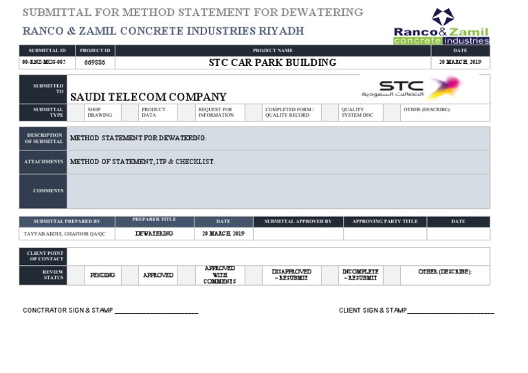 Submittal For Method Statement For Dewatering | PDF